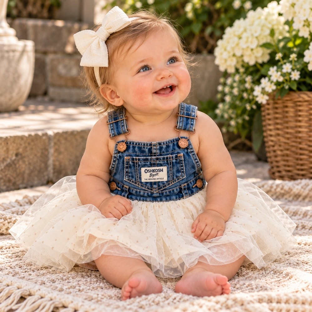 OshKosh B'gosh Baby Girl 6M Denim Tulle Tutu Overall Dress Polka Dot 115530 0615